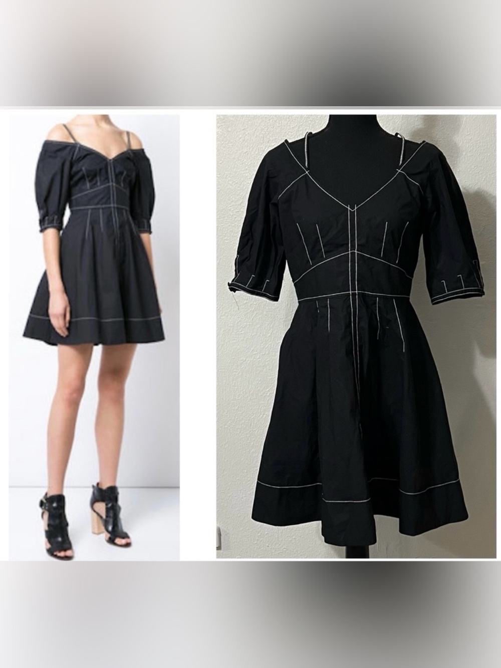 Derek Lam Black Off-Shoulder Fit-and-Flare Dress White Stitching Pockets $325